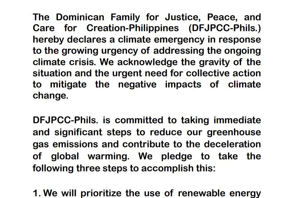 Statement for the Declaration of Climate Emergency of the Dominican Family for Justice and Peace – Philippines